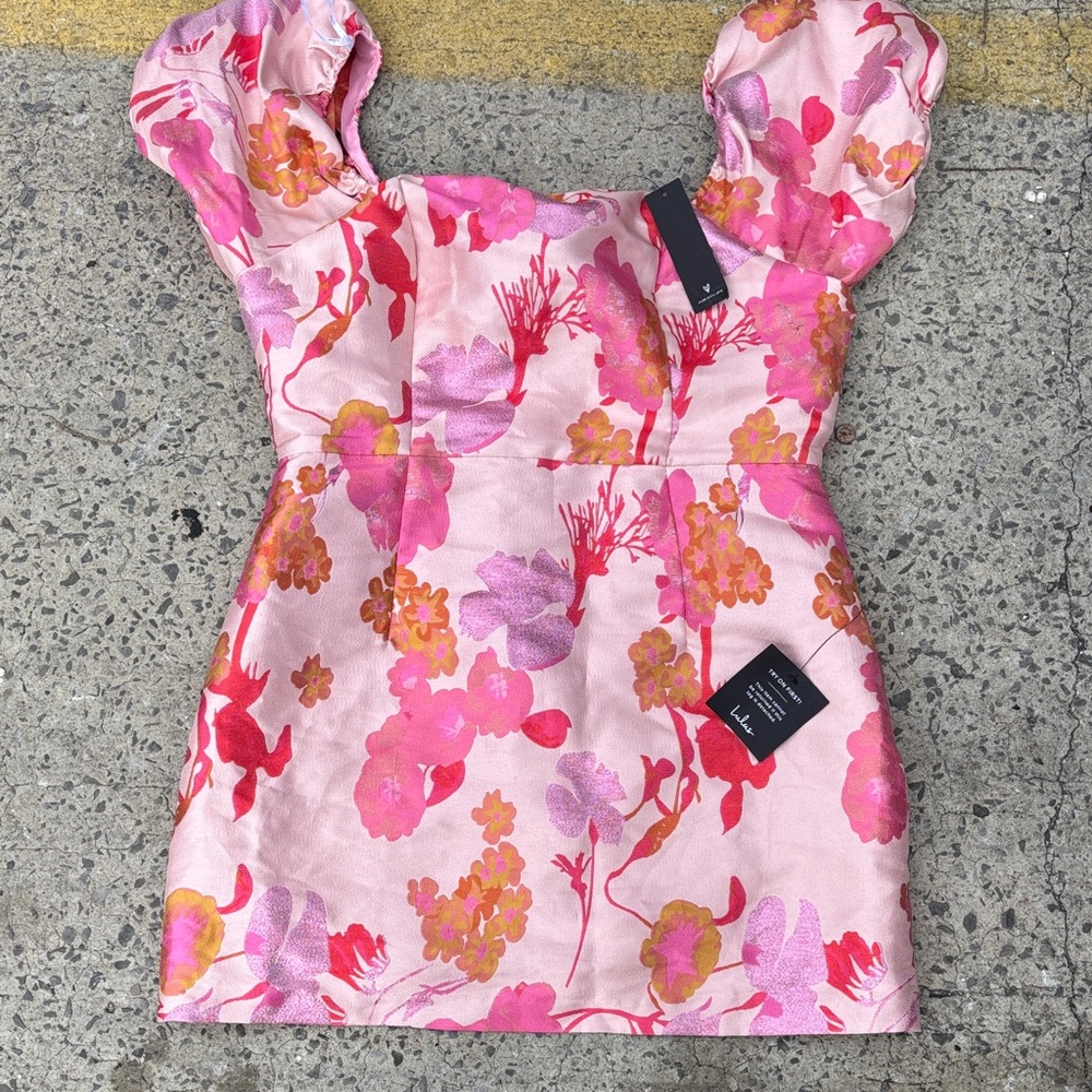 NWT Lulus So Stunning PINK Multi Floral Jacquard Puff Sleeve Mini Dress - Picture 2 of 11